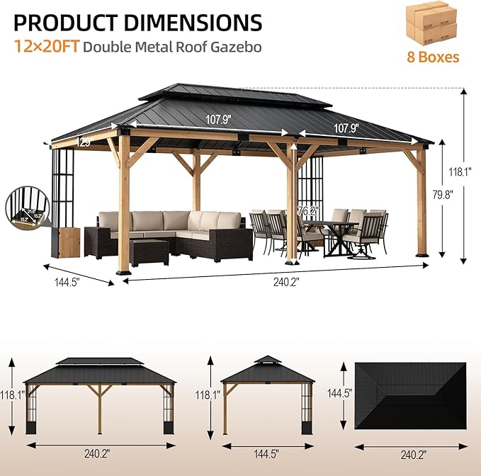 ALAULM 12'x20' Hardtop Gazebo, Outdoor Wood Pergola with Double Metal Roof Metal Corner Frame Shelves Storage,Outdoor Pavilion for Patio, Backyard, Deck,Natural