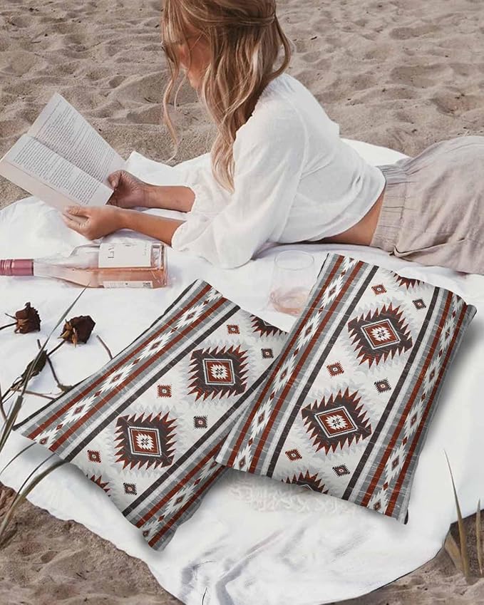 Outdoor Waterproof Throw Pillow Covers Set of 2 Red Gray Boho Aztec Lumbar Pillowcases 20x12 Inches Southwest Tribal Geometric Patio Decorative Pillows Cushion Case Patio Pillows for Couch Bed Garden