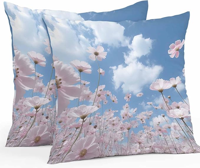 Vandarllin Outdoor Throw Pillows Covers 24x24 inch Set of 2 Waterproof Blue Sky Cloud Decorative Zippered Cushion Covers for Patio Furniture, Pink Flower Lumbar Pillowcases