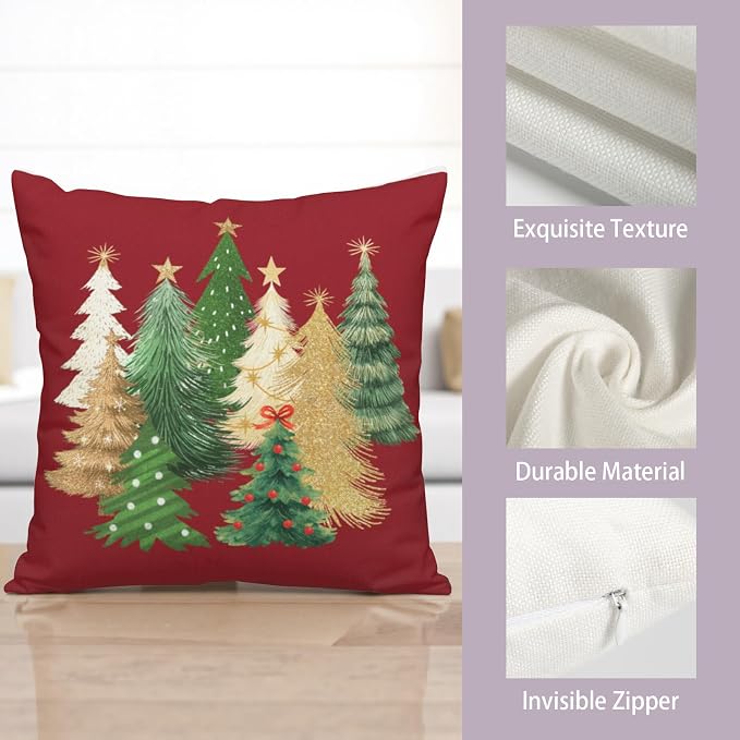 Red Christmas Pillow Covers 18x18 Set of 2 Gold Green Xmas Tree Pillow Case Winter Holiday Throw Pillow Covers Double Sided Printing Decorative Cushion Case for Couch Sofa