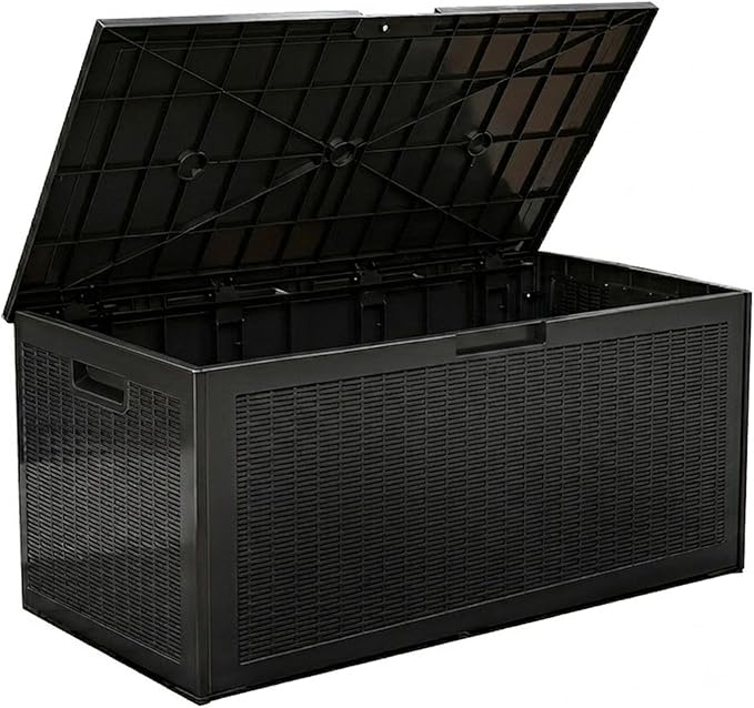 100 Gallon Large Deck Box, Premium Wicker Style Imitation Rattan Waterproof Outdoor Storage for Patio Furniture Cushions, Garden Tools & Pool Accessories, Lockable UV Resistant Black