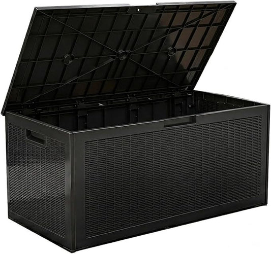 100 Gallon Large Deck Box, Premium Wicker Style Imitation Rattan Waterproof Outdoor Storage for Patio Furniture Cushions, Garden Tools & Pool Accessories, Lockable UV Resistant Black
