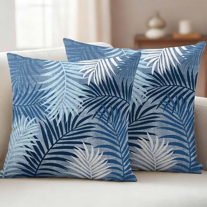 Blue Palm Leaves Waterproof Outdoor Pillow Covers Set of 2 Home Decor, Summer Tropical Leaf Plant Pillowcase Patio Pillow Covers for Couch Bench Patio Furniture Garden 18x18in