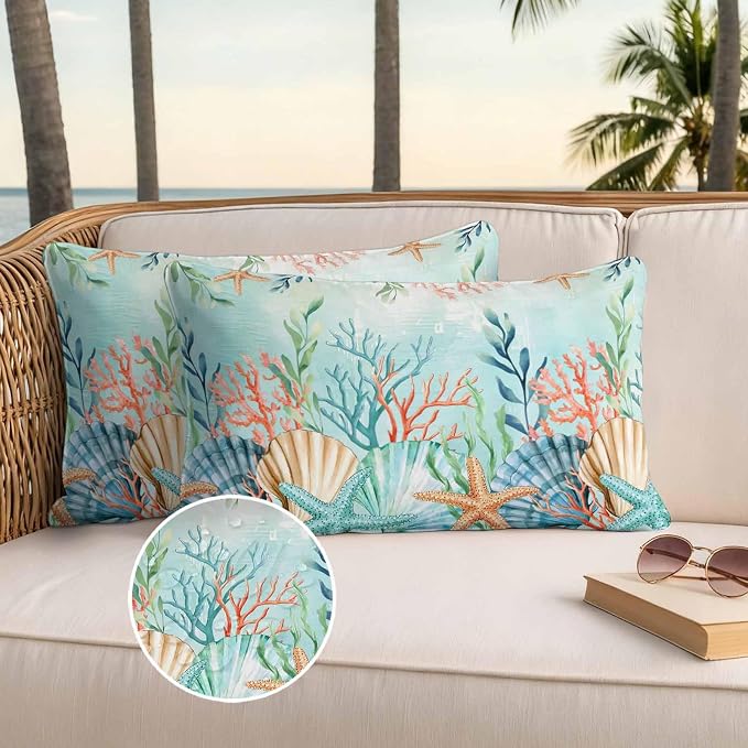 Lumbar Pillow Covers 20x12 Inch Set of 2, Ocean Starfish Seaweed Waterproof Outdoor Pillow Covers, Summer Coastal Beach Shell Coral Teal Decorative Cushion Pillowcases for Couch, Sofa, Bed, Patio