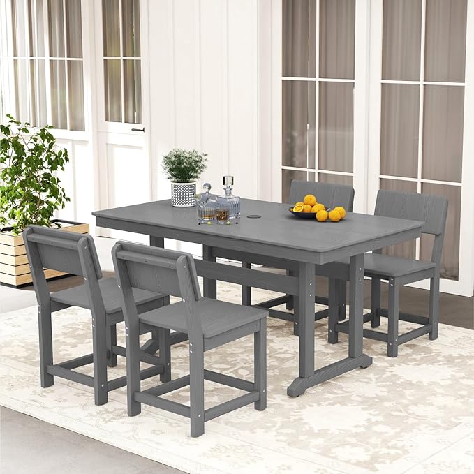 5-Piece HDPE Outdoor Patio Dining Set,Modern Plastic Dining Sets，Patio Table and Chairs Set with Umbrella Hole Cut-Out Table and 4 Chairs Gray