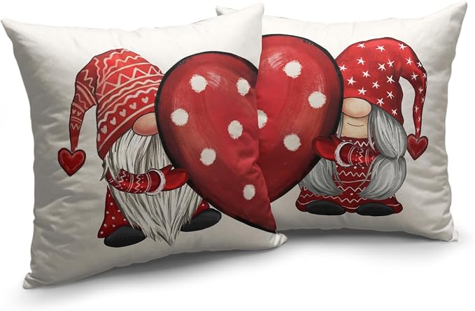 Valentine Pillow Covers 18x18 Set of 2 Red Polka Dots Love Heart Gnomes Throw Pillow Covers Cotton Linen Decorative Pillow Cases for Home February Holiday Valentines Day Decor