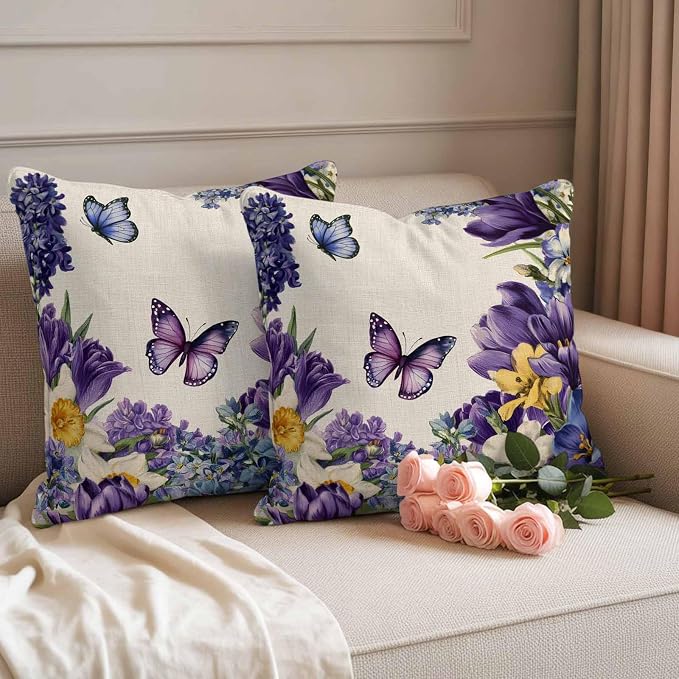 Outdoor Waterproof Pillow Covers for Patio Furniture Purple Blue Flowers Butterfly Throw Pillow Cover Watercolor Floral Linen Pillowcases Set of 2 Cushion Case for Sofa Couch Chair 20x20 inch