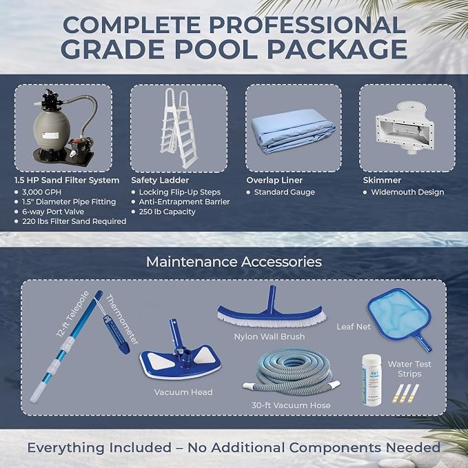 Blue Wave Martinique 15x30-ft Oval 52-in Deep Hard Sided Above Ground Pool with 7-in Steel Top Rails, Dual-Speed Sand Filter System, Ladder, Liner, Skimmer & Maintenance Kit – 9,900 Gallon Cap