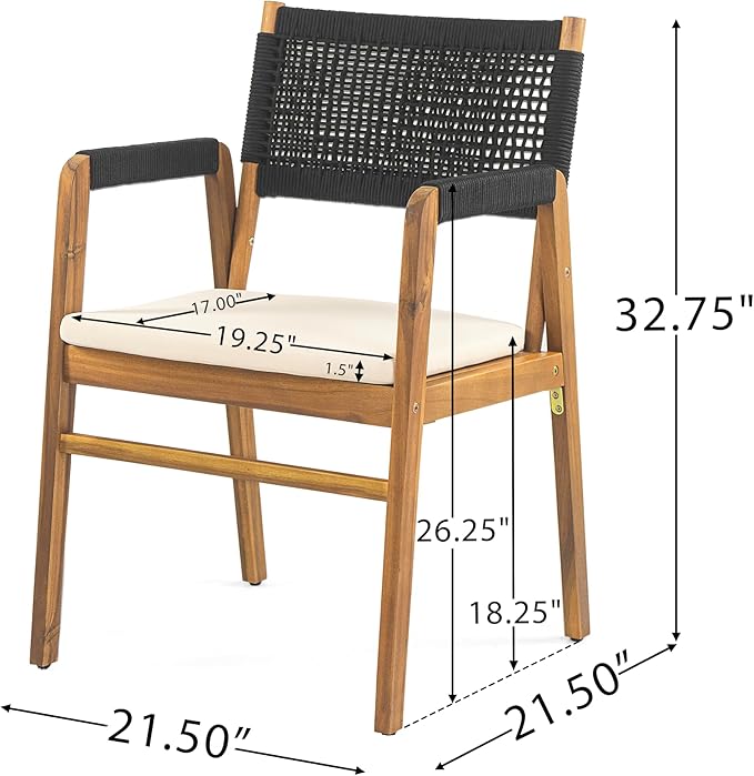 Christopher Knight Home Terry Acacia Wood Patio Dining Set for 6, Solid Wood Outdoor Dining Table Set for 6, 7 Piece Outdoor Dining Set with Rectangular Table and Woven Rope Accents, Teak+Beige+Black