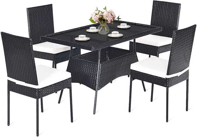 HAPPYGRILL 5-Piece Patio Dining Set Rattan Wicker Table Chairs Set with Cushions & Tempered Glass Table Top, Patio Furniture Outdoor Dining Set for Garden Poolside