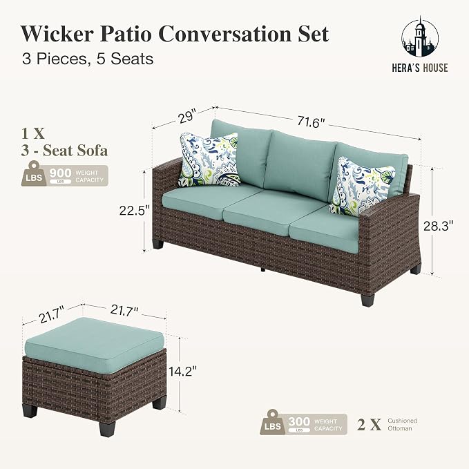 HERA'S HOUSE Small Patio Furniture Set, 3 Pieces Wicker Outdoor Sectional Set, L-Shaped Patio Couch Set, Modular Rattan Conversation Set with Lounge Sofa and Ottomans for Deck Lawn Garden, Blue