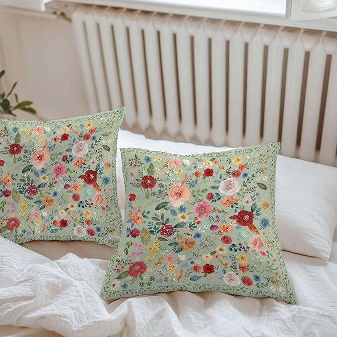Vandarllin Outdoor Throw Pillows Covers 18x18 inch Set of 2 Waterproof Sage Green Floral Decorative Zippered Cushion Covers for Patio Furniture, Farmhouse Vintage Flower Lumbar Pillowcases