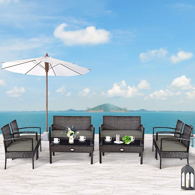 Outdoor Conversation Set 8 Pieces Patio Furniture, Wicker Patio Chair Sofa Set with Water-Resistant Dark-Brown Cushion & Tempered Glass Table for Backyard, Balcony, Porch(Brown)