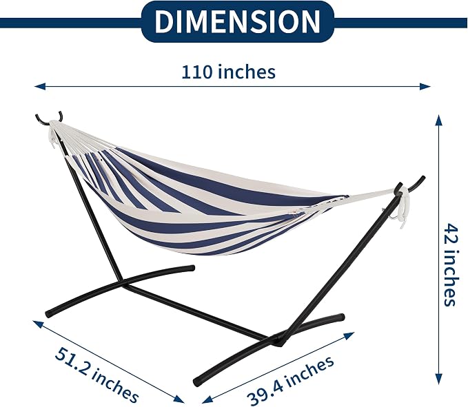 Double Hammock with Stand for Outdoor Use, 2 Person Heavy Duty Hammock with Steel Frame Stand, Portable Hammock for Patio, Yard & Garden, Easy Assembly, 450 Lbs Capacity-Blue White