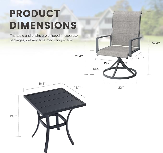 Outdoor Dining Set for 2, 18.1" Metal Square Outdoor Side Table and Padded Textilene Patio Swivel Chairs, 3 Pieces Patio Side Table and Chairs Set for Garden Backyard, Grey and Black