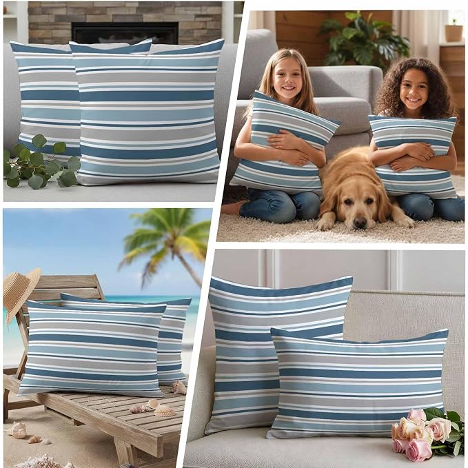 Blue Grey Striped Outdoor Pillow Cover 16x16 Inch Cushion Sham Case, Farmhouse Stripes Modern Abstract Art Waterproof Decorative Square Throw Pillowcase for Outside Garden Patio Porch Couch Chair Tent