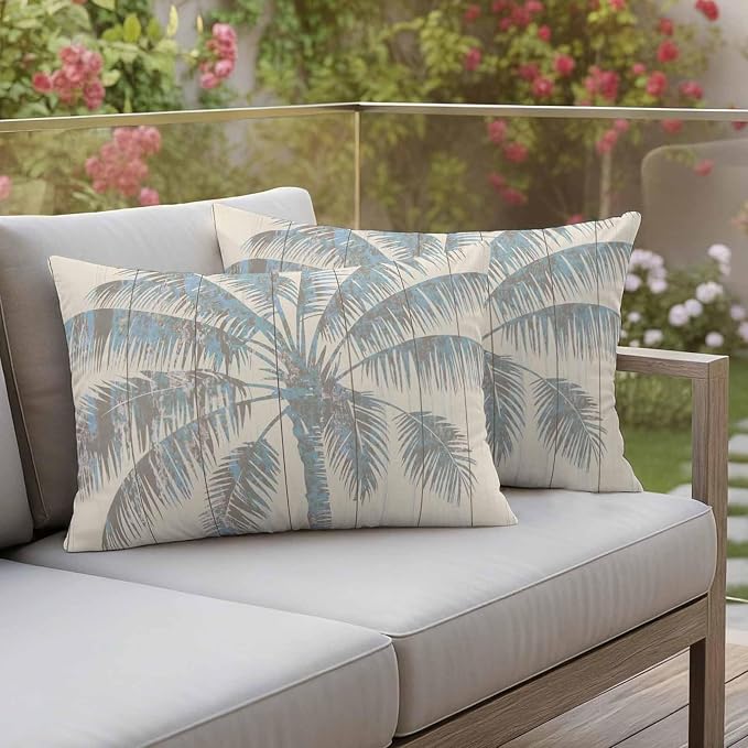 Pack of 2 Blue Beige Palm Tree Outdoor Pillow Covers Decorative, Summer Tropical Botanical Waterproof Pillow Protector, Vintage Lumbar Throw Pillowcases for Patio Couch Sofa Home Decor 20"x12"