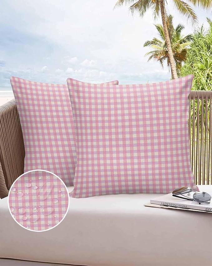 Outdoor Waterproof Throw Pillow Covers Set of 2 Pink Buffalo Plaid Pillowcases 20x20 Inches Linen Classic Checked Patio Decorative Pillows Cushion Case Patio Pillows for Couch Bed Chair Garden