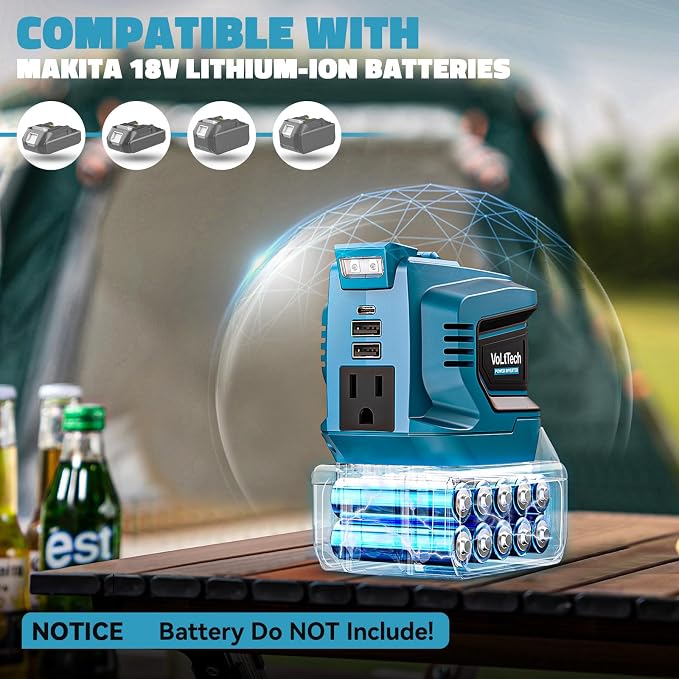 Real 200W Power Inverter Compatible with Makita 18V, VoLtTech Battery Inverter 18V to 110V-120V, Phone Charger USB Charger Adapter with 2 USB Ports, 1 Type-C & 1 AC Outlet (No Battery)(2 Pack)