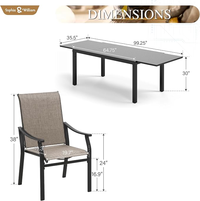 Sophia & William Patio Dining Set for 8, Quick Dry Textilene Chairs and Expandable Outdoor Dining Table for 6-8, Durable All-Weather Patio Furniture for Lawn, Park, and Courtyard Support 350lbs