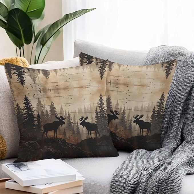 Nature Landscape Outdoor Waterproof Pillow Covers Pack of 2, Rustic Moose Forest Pine Silhouettes Wildlife Throw Pillowcases Decorative Cushion Covers for Garden Patio Tent Sofa Couch, 20x20 inch