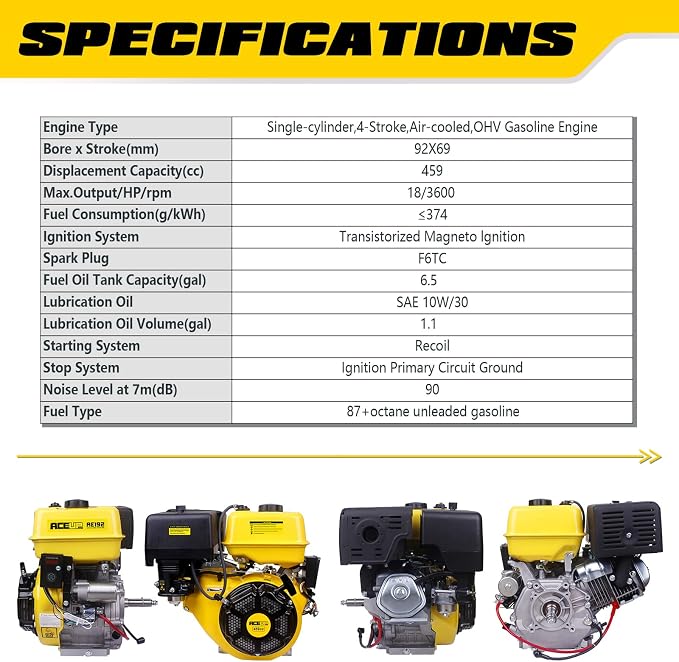 Aceup Energy 18HP 459cc Gas Engine Horizontal Shaft, 4 Stroke OHV Gas Motor with Electric Start EZ, Shaft 1" (25.4mm) Diameter