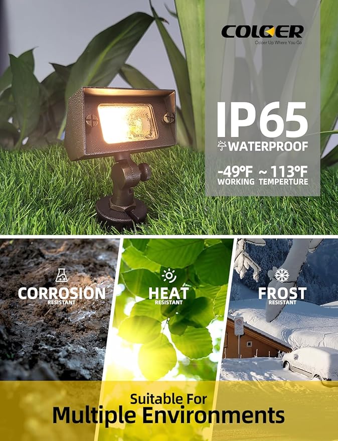 COLOER Brass Small Rectangular Flood Lights Outdoor 6 Pack with 3W 2700K Warm White LED G4 Bulb, 12V Low Voltage Landscape Outside Lights for House Illuminating Signs, Walls and Tree