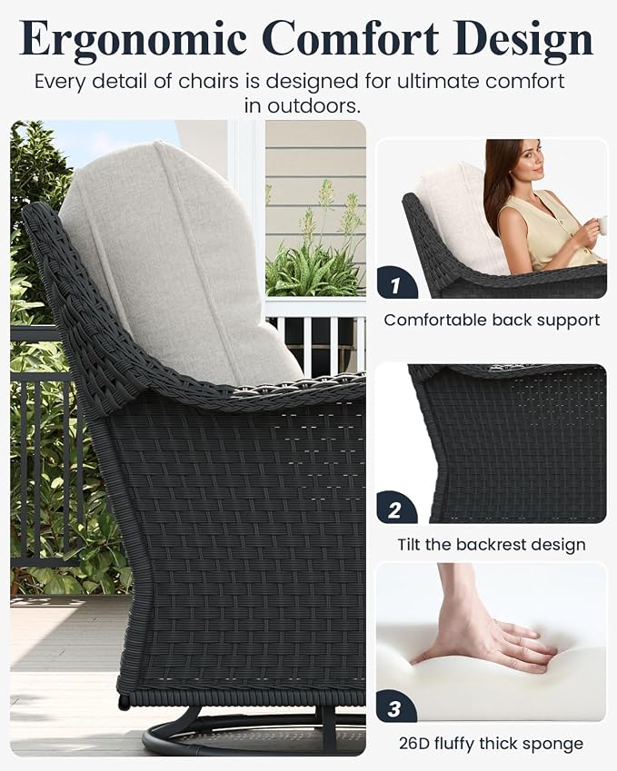 LayinSun 9 Piece Wicker Outdoor Furniture Set with 6-inch Comfy Cushions, High Back Patio Furniture Set with Swivel Rocking Chairs and Side Table