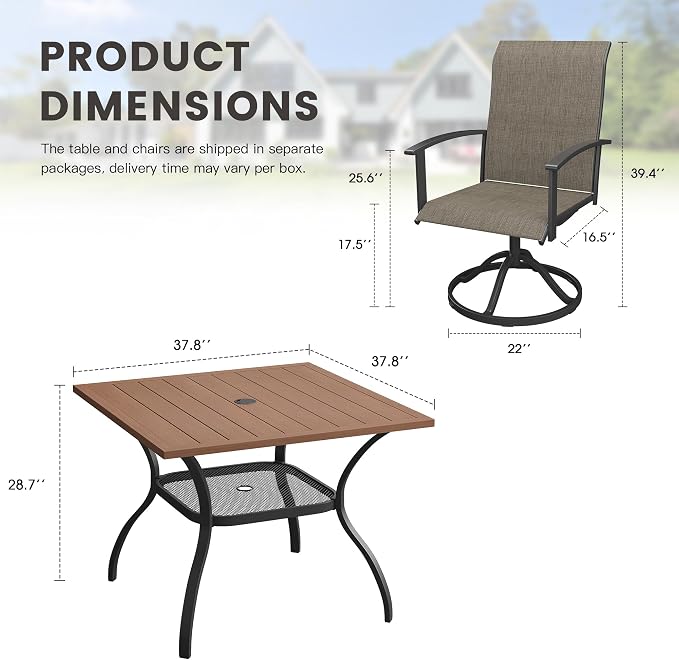 5 Pieces Patio Dining Set, Outdoor Furniture of 37.8" Square Patio Table and Patio Swivel Chairs for Backyard Lawn Garden, Walnut Table and Mixed Brown Chairs