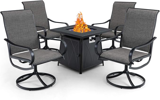 PHI VILLA 5 Piece Patio Set with Firepit Table, 4 Swivel Patio Dining Chairs Textilene Fabric with Metal Frame & 1 28 Inch 50000 BTU Auto-Ignition Propane Gas Fire Pit Table