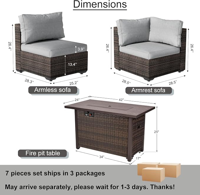 7 Piece Outdoor Patio Furniture Set with 42" Fire Pit, Wicker Furniture Sectional Conversation Sofa Set with Comfortable Cushions, Grey