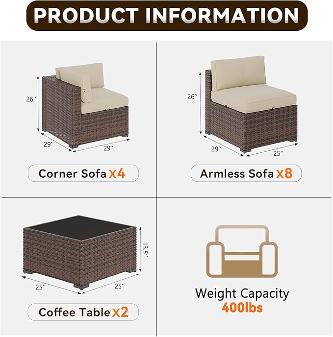 Aoxun Patio Furniture Sets, 14-Piece Outdoor Patio Furniture with 44'' Propane Gas Firepit Table, Wicker Outdoor Conversation Set Sectional Sofa for Backyard, Poolside, Garden