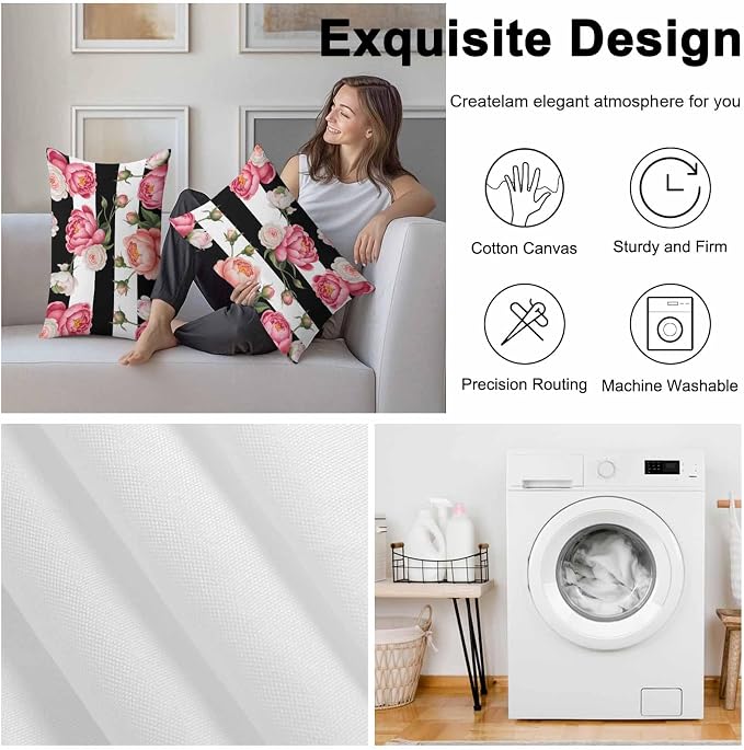 Outdoor Waterproof Throw Pillow Covers Set of 2 Pink Peony Rose Lumbar Pillowcases 20x12 Inches Floral Black Stripes Decorative Pillows Cushion Case Patio Pillows for Couch Bed Chair Garden