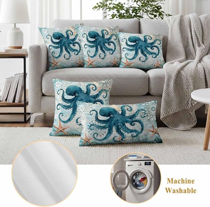 Ocean Creature Outdoor Waterproof Throw Pillow Covers Set of 2, 18"x18", Eight Pawfish Corals Sea Stars Decorative Pillow Covers Outside Cushion Case for Patio Porch Garden