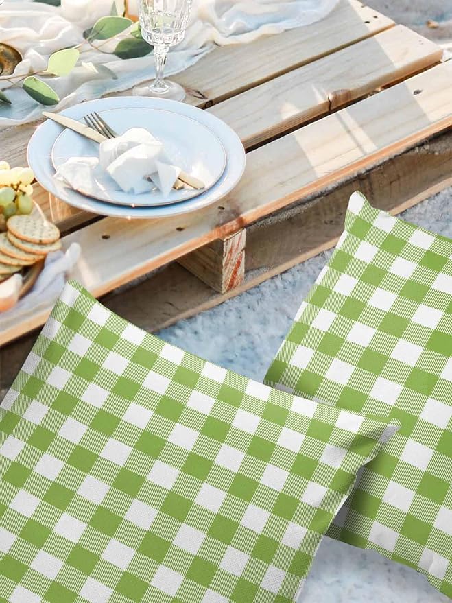 Outdoor Waterproof Throw Pillow Covers Set of 2 Sage Green Buffalo Check Plaid Pillowcases 18x18 Inches Farmhouse Style Patio Decorative Pillows Cushion Case Patio Pillows for Couch Bed Chair Garden