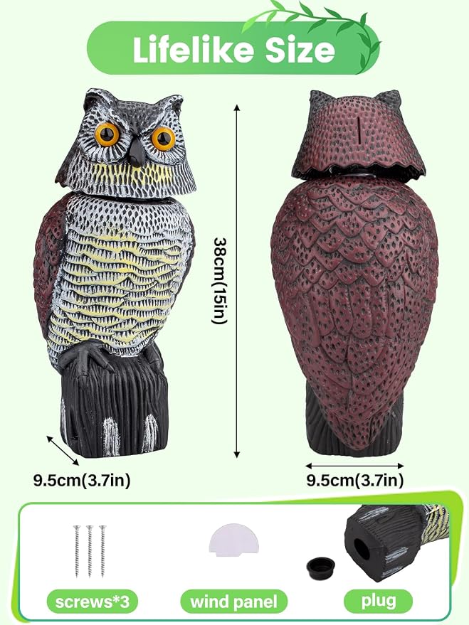 Owl Decoys to Scare Birds Squirrels Away, 360 Rotating Head Activated | Fake Owl Statues Repellent Pest Hawk Squirrel Cats Chickens Pigeon Bird Deterrents for Outside Garden Patios Backyard
