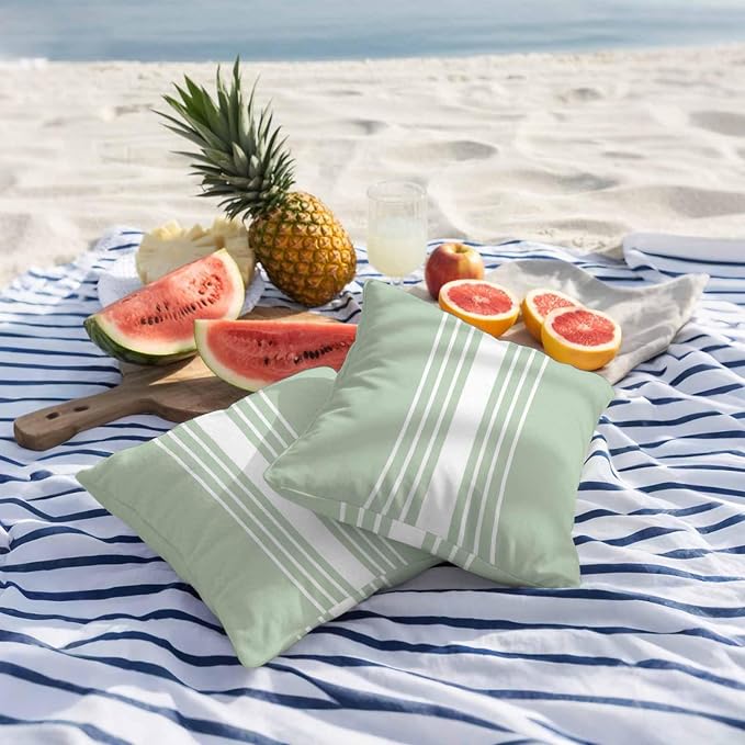 Sage Green White Stripe Outdoor Pillow Covers 18x18 Inch Throw Pillow Covers Set of 2 Waterproof Decorative Pillow Cases Modern Rustic Vertical Striped Cushion Covers for Patio Furniture Garden Couch