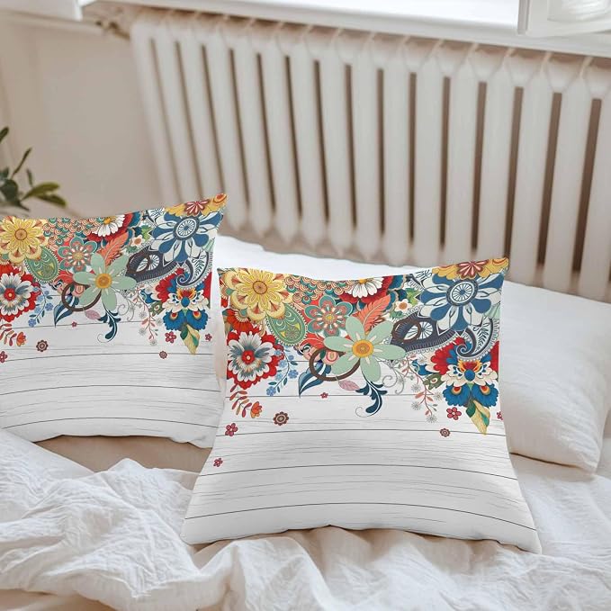 Boho Flowers Waterproof Outdoor Pillow Covers Set of 2 Home Decor, Bohemian Abstract Floral Vintage Wood Plank Pillowcase Patio Pillow Covers for Couch Bench Furniture Garden 18x18in
