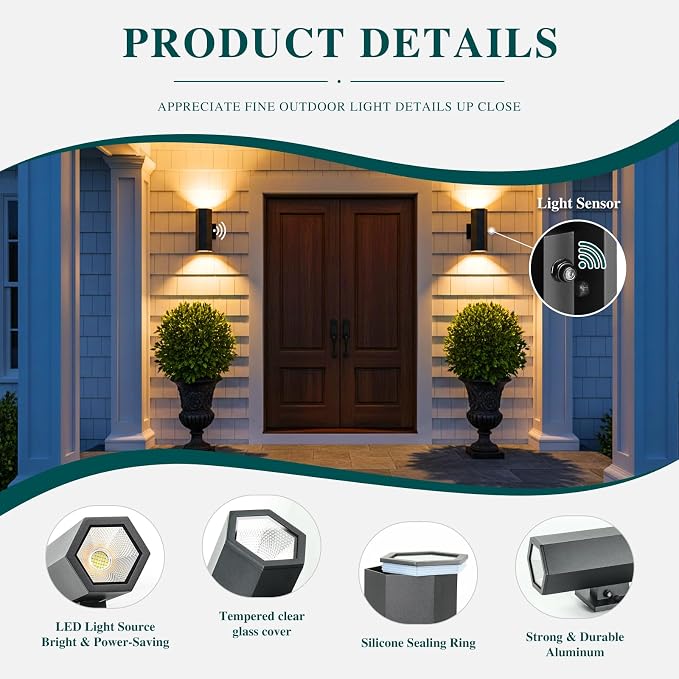 2 Pack Dusk to Dawn LED Outdoor Wall Lights, 3000K Warm White porch light | ETL Certified Matte Black Aluminum Wall Sconce, IP65 Waterproof Exterior Light Fixture for Front Porch, Garage, Patio, House