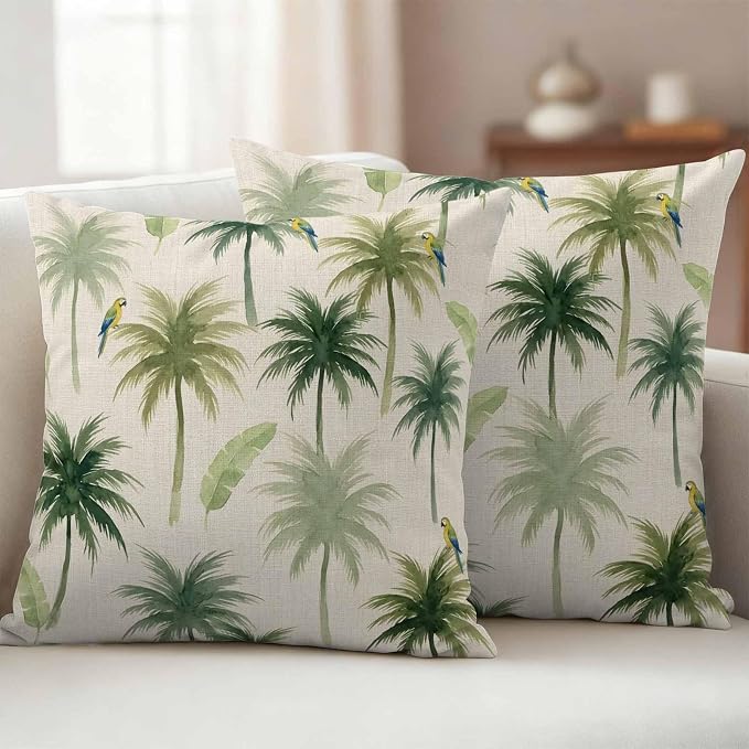 Yukro Summer Palm Tree Parrot Outdoor Waterproof Pillow Covers Pack of 2, Tropical Green Leaf Bird Retro Throw Pillowcases Decorative Cushion Covers for Garden Patio Tent Sofa Couch, 24x24 inch