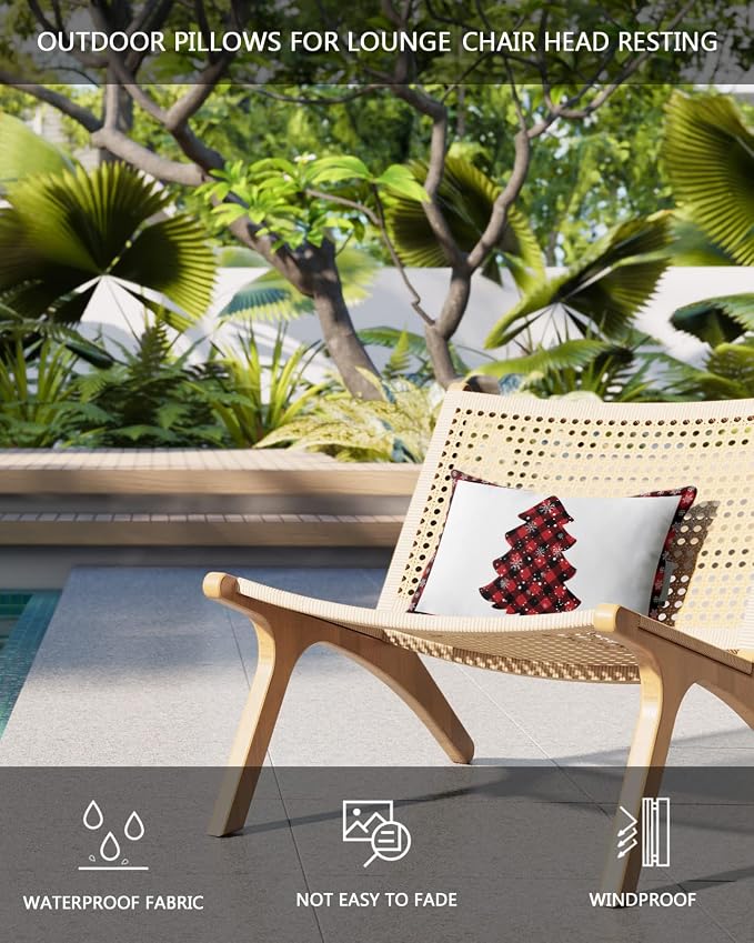 Outdoor Pillows Covers with Inserts Christmas Red Black Buffalo Check Plaid Waterproof Recliner Pillow with Adjustable Strap Throw Pillows for Patio Furniture Pool Lounge Chair, 11x16 inch, 1PCS