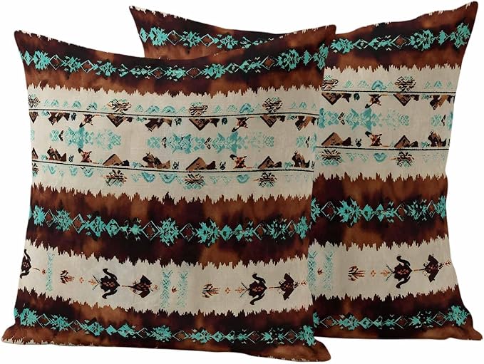 Western Aztec Outdoor Pillow Covers 26"x26" Set of 2, Brown Turquoise Tribal Ethnic Geometric Waterproof Throw Pillow Covers for Patio Furniture, Decorative Cushion Covers for Porch