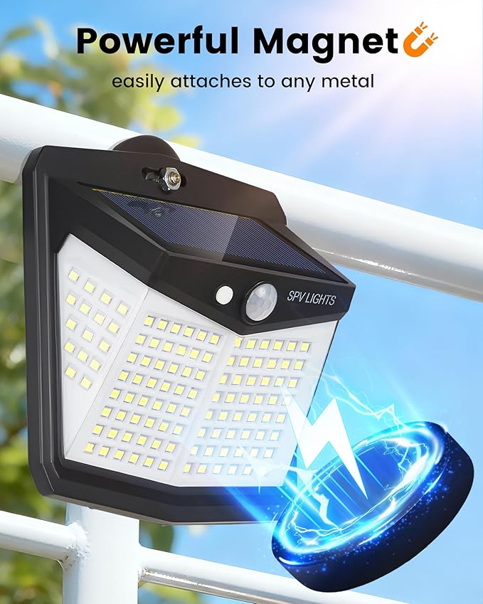 2Pack 128LED Magnetic Solar Lights Outdoor, Bright Motion Sensor Outdoor Lights with Strong Magnets, Ip65 Waterproof Solar Lights for Chain Link Fence, Patio, Yard, Camper, RV