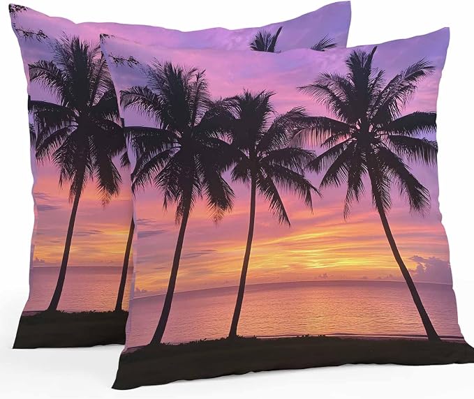 Ocean Sunset Waterproof Outdoor Pillow Covers Set of 2 Home Decor, Summer Seashore Palm Tree Gradient Sky Pillowcase Patio Pillow Covers for Couch Bench Furniture Garden 26x26in