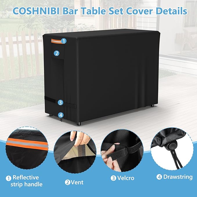 COSHNIBI Bar Height Table Chairs Set Cover for 3 Piece Patio Bar Dining Table and Chairs Set, Heavy Duty Waterproof Outdoor Bar Height Patio Set Cover,36"L x 34"W x 42"H,Black