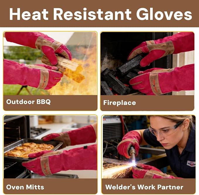 Leather Welding & Gardening Gloves for Women– Pink Heat-Resistant | Work & Gardening Gloves for Pruning, Yard Work, Welding, BBQ, Cooking & Fireplace, Chainsaw, Camping, Outdoor Projects-Large
