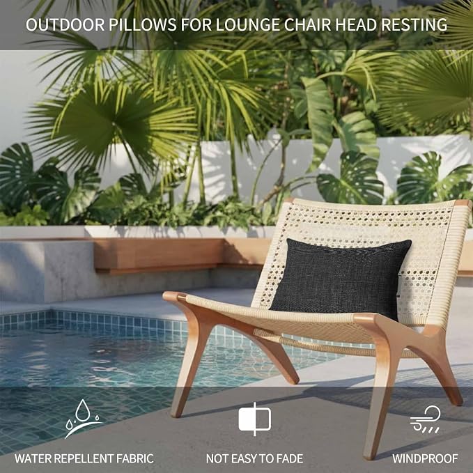 Black Outdoor Lumbar Pillows 12x20 Set of 2, Farmhouse Burlap Solid Black Color Modern Linen Texture Waterproof Throw Pillow Covers with Insert, Decorative Support Pillows for Lounge, Chaise