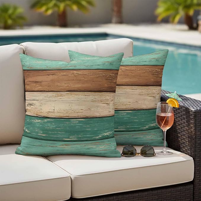 Farmhouse Teal Brown Outdoor Waterproof Pillow Covers, Vintage Wooden Striped Decorative Square Throw Pillowcase Sofa Cushion Sham for Patio/Couch/Chair, 20"x20" 2 Pack
