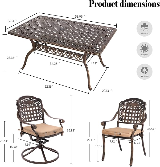 Grepatio 7 Piece Cast Aluminum Outdoor Dining Set, Patio Furniture Set with 2“ Umbrella Hole and 4 Chair & 2 Swivel Chairs with Cushions, Dining Furniture Set for Porch Poolside Garden (Khaki Grid)