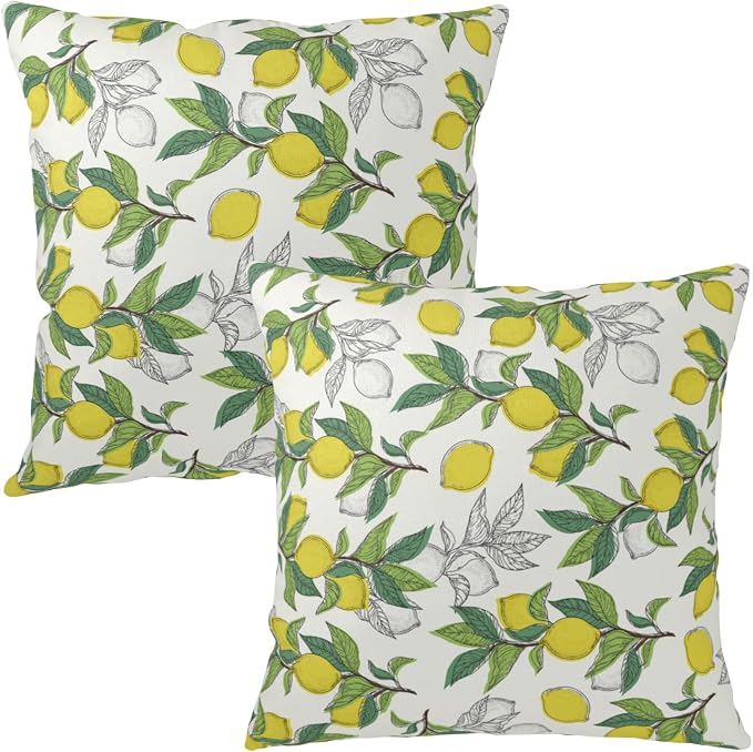 Yellow Lemon Pillow Covers Spring Summer Citrus Throw Pillow Covers Lemon with Green Leaf Pillow Case 24x24 Watercolor Fruit Cushion Cases for Living Room Porch Patio Garden 2Pcs